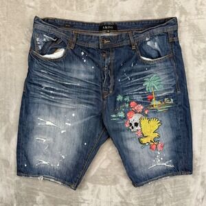 AKOO Mens Embroidered Denim Shorts Blue Paint Splatter Skull Eagle Size 40